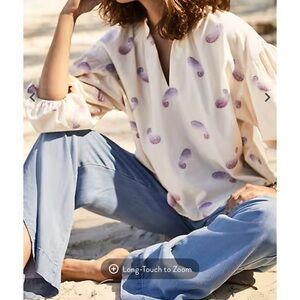 J. Jill Large Oversized Split Neck Cotton Blouse Top Puff Sleeves Lightweight